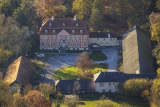Aerial view, half-timbered house Gut Rödinghausen with the Menden Industrial Museum in the district