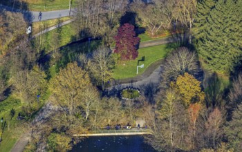 Aerial view, leisure centre Biebertal with pond in the district Lendringsen in Menden, Sauerland,