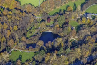 Aerial view, leisure centre Biebertal with pond in the district Lendringsen in Menden, Sauerland,