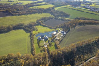 Aerial view, residential estate Bertingloh with lake in the district Halingen in Menden, Sauerland,