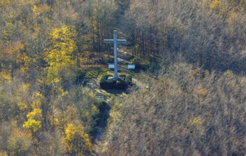 Aerial view, Galbusch Cross Memorial in the forest in Menden, Sauerland, North Rhine-Westphalia,