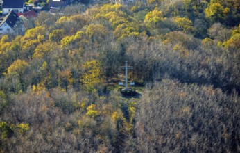 Aerial view, Galbusch Cross Memorial in the forest in Menden, Sauerland, North Rhine-Westphalia,