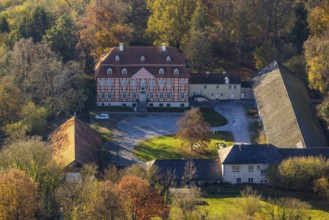 Aerial view, half-timbered house Gut Rödinghausen with the Menden Industrial Museum in the district