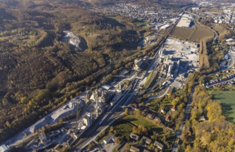 Aerial view, Riemke quarry with commercial area and Rheinkalk GmbH Hönnetalstraße in the district