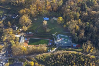 Aerial view, Bürgerbad Leitmecke in Menden, Sauerland, North Rhine-Westphalia, Germany, bathing