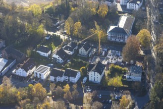 Aerial view, renovation at the district court Menden and housing estate with construction site