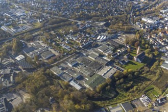 Aerial view, industrial estate Am Törnigskamp and cath. Heilig Kreuz Kirche in Menden, Sauerland,