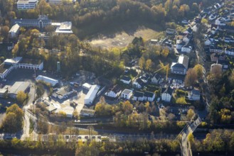 Aerial view, renovation at the district court Menden and housing estate with construction site