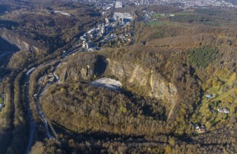 Aerial view, quarry at the Hönnetalstraße with commercial area and Rheinkalk GmbH in the district