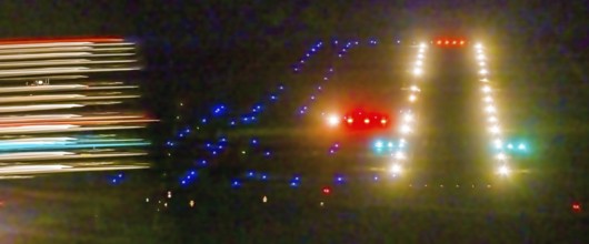 Aerial photo, Marl Loemühle airfield, night approach to the runway with PAPI, runway lighting,