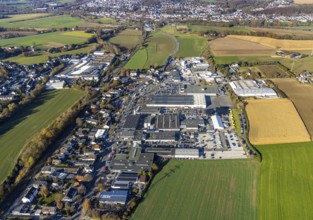 Aerial view, commercial area Fröndenberger Straße and Menden-Bösperde railway station in the