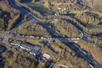 Aerial view, truck traffic jam at the Lüdenscheid exit of the A45 Sauerlandlinie motorway due to