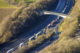 Aerial view, truck traffic jam on the Sterbecke viaduct in front of the closed Rahmede viaduct of