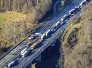 Aerial view, truck traffic jam on the Sterbecke viaduct in front of the closed Rahmede viaduct of