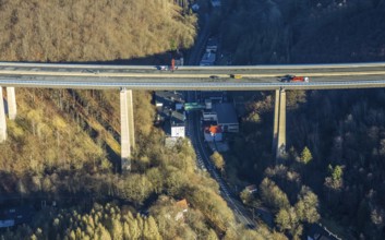 Aerial photograph, construction work with emergency reinforcement on the dilapidated and closed