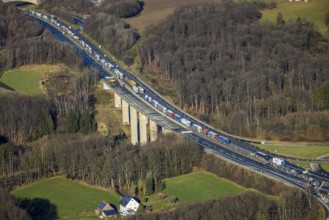 Aerial view, truck traffic jam on the Sterbecke viaduct in front of the closed Rahmede viaduct of
