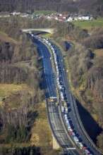 Aerial view, truck traffic jam on the Sterbecke viaduct in front of the closed Rahmede viaduct of
