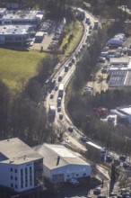 Aerial view, truck traffic jam and diversion traffic with local through traffic due to the closed