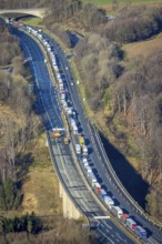 Aerial view, truck traffic jam on the Sterbecke viaduct in front of the closed Rahmede viaduct of
