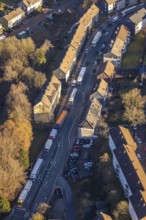 Aerial view, through road with truck traffic jam on the Lennestraße at the exit Lüdenscheid of the