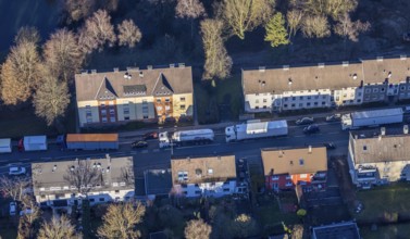 Aerial view, through road with truck traffic jam on the Lennestraße at the exit Lüdenscheid of the