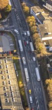 Aerial view, through road with truck traffic jam on the Lennestraße at the exit Lüdenscheid of the