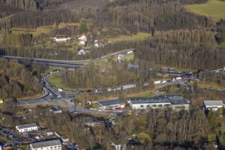 Aerial view, truck traffic jam at the Lüdenscheid exit of the A45 Sauerlandlinie motorway due to