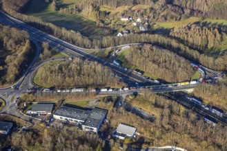 Aerial view, truck traffic jam at the Lüdenscheid exit of the A45 Sauerlandlinie motorway due to