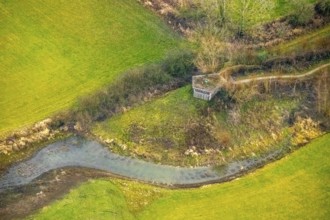 Aerial view of the national nature reserve Lippeauen at the river Lippe with the observation hut