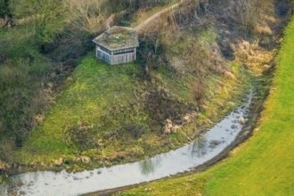 Aerial view of the national nature reserve Lippeauen at the river Lippe with the observation hut