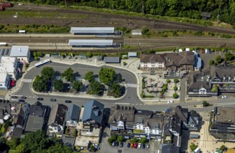 Aerial view, railway station and station building, Altenhundem, Lennestadt, Sauerland, North