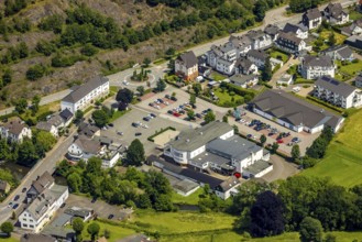 Aerial view, Sauerlandhalle, Altenhundem, Lennestadt, Sauerland, North Rhine-Westphalia, Germany,