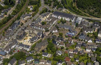 Aerial view, town centre, town hall, St. Agatha Catholic Parish Church, market place, Altenhundem,