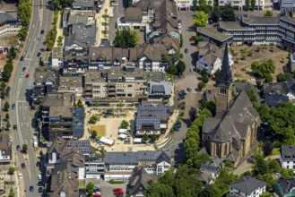 Aerial view, city centre with market place, Catholic parish church St. Agatha, Altenhundem,