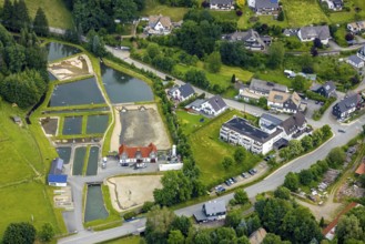 Aerial photo, Sauerland trout farm Rameil, fish ponds, Langenei, Lennestadt, Sauerland, North