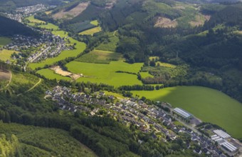 Aerial view, riding centre and village view Kickenbach, Altenhundem, Lennestadt, Sauerland, North