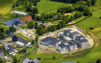 Aerial view, new senior-friendly residential complex WohnGut, spa and community centre, natural