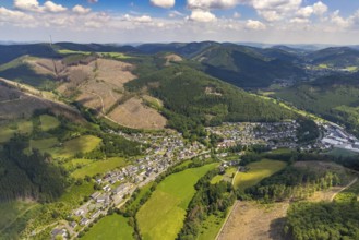 Aerial view, forest area with forest damage, local view Kickenbach and Langenei, Altenhundem,