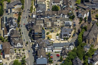 Aerial view, city centre with market place, Catholic parish church St. Agatha, Altenhundem,