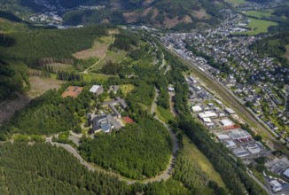 Aerial view, Jugendhof Pallotti and Private Gymnasium Maria Königin, industrial area railway depot,