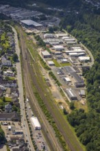 Aerial view, industrial area railway depot, Altenhundem, Lennestadt, Sauerland, North
