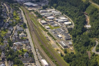 Aerial view, industrial area railway depot, Altenhundem, Lennestadt, Sauerland, North