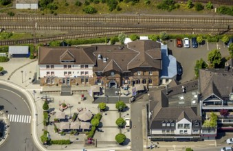 Aerial view, railway station and station building, Altenhundem, Lennestadt, Sauerland, North