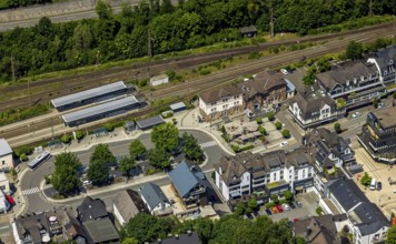 Aerial view, railway station and bus station, station building, Altenhundem, Lennestadt, Sauerland,