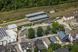 Aerial view, railway and bus station, Altenhundem, Lennestadt, Sauerland, North Rhine-Westphalia,