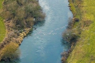 Aerial view of the national nature reserve Lippeauen at the river Lippe with the observation hut