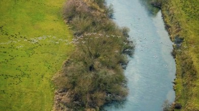 Aerial view of the national nature reserve Lippeauen at the river Lippe with the observation hut