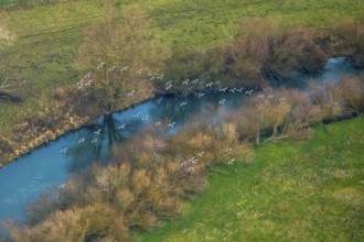 Aerial view of the national nature reserve Lippeauen at the river Lippe with the observation hut