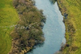 Aerial view of the national nature reserve Lippeauen at the river Lippe with the observation hut