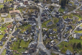 Aerial view, Krombach town centre with protestant church, Krombach, Kreuztal, Sauerland, North